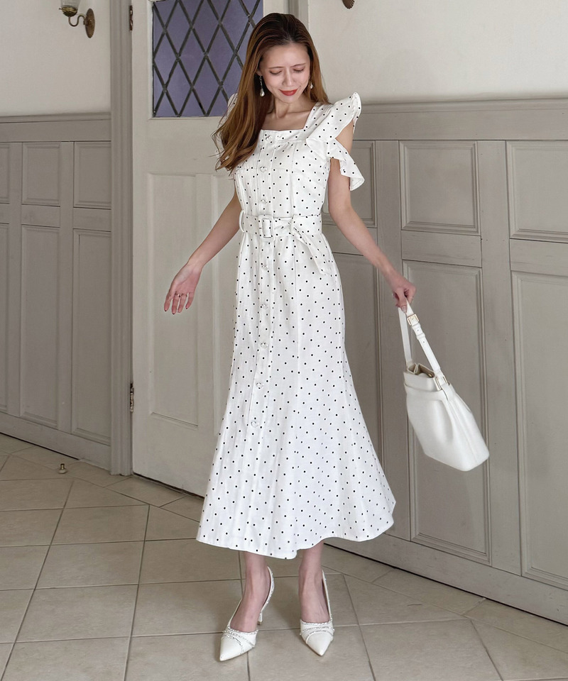 ハートボタンラッフルスリーブドットワンピース 詳細画像 オフホワイト 2