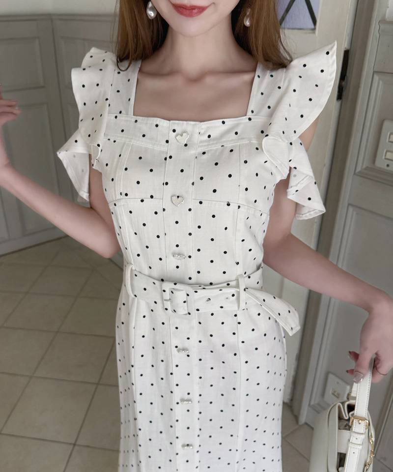 ハートボタンラッフルスリーブドットワンピース 詳細画像 オフホワイト 3