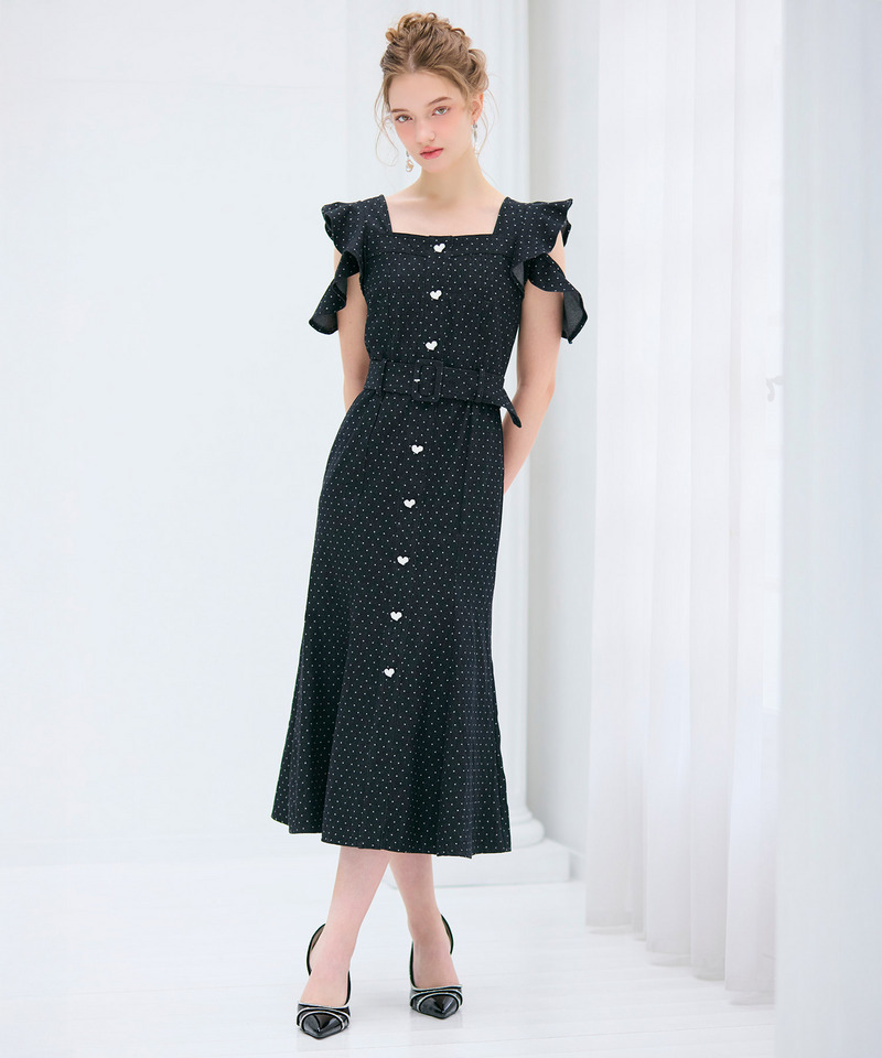 ハートボタンラッフルスリーブドットワンピース 詳細画像 ブラックデニム 1