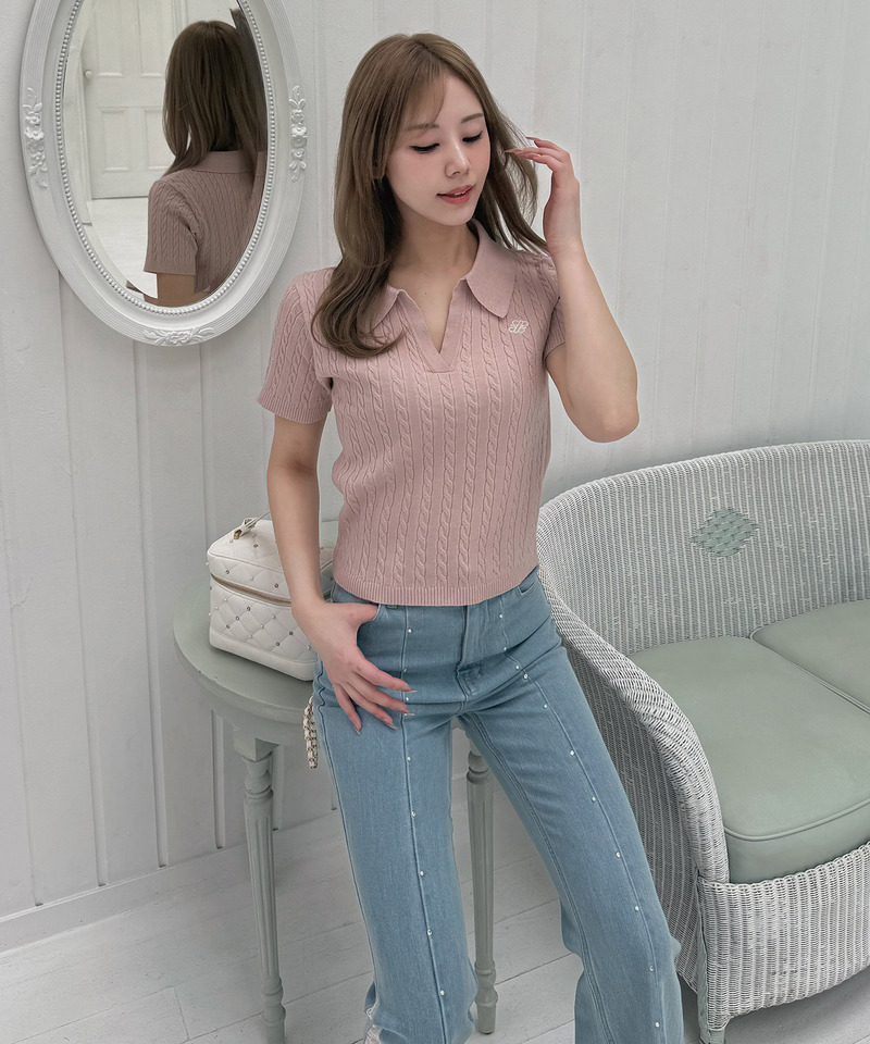 【ONLINE限定カラーあり】ロゴ刺しゅうスキッパーケーブルニットトップス 詳細画像 ピンク 5