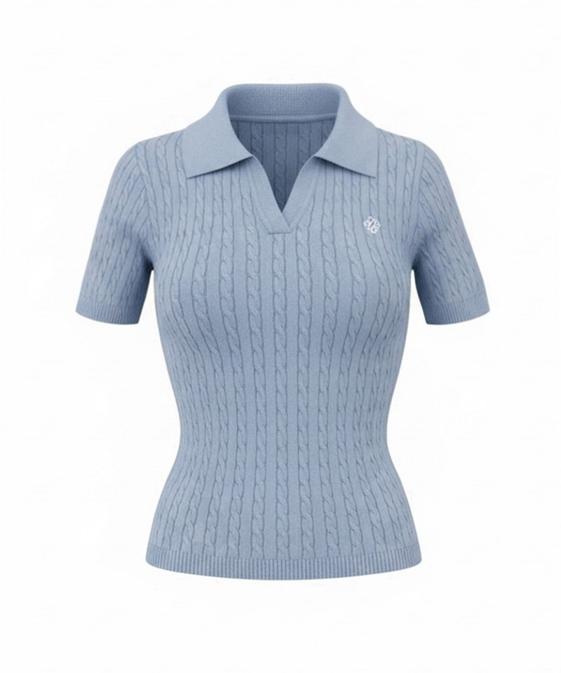 【ONLINE限定カラーあり】ロゴ刺しゅうスキッパーケーブルニットトップス 詳細画像 ブルー 1