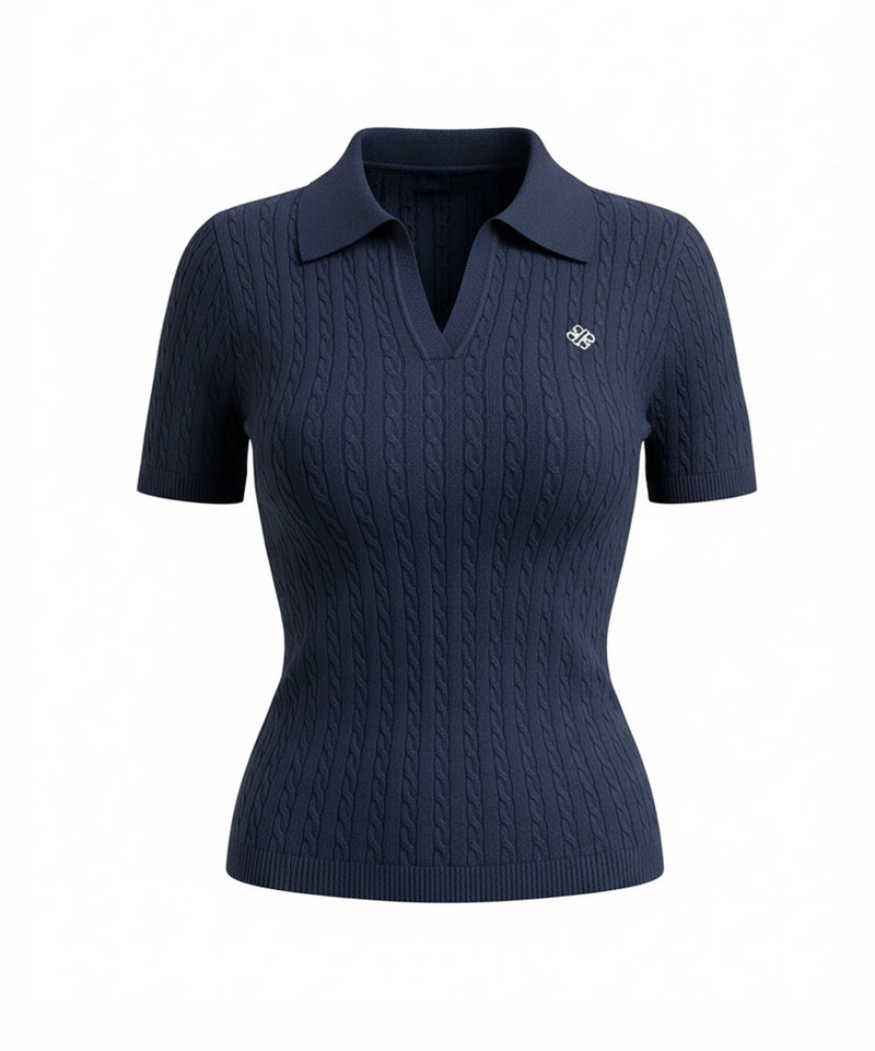 【ONLINE限定カラーあり】ロゴ刺しゅうスキッパーケーブルニットトップス 詳細画像 ネイビー 1