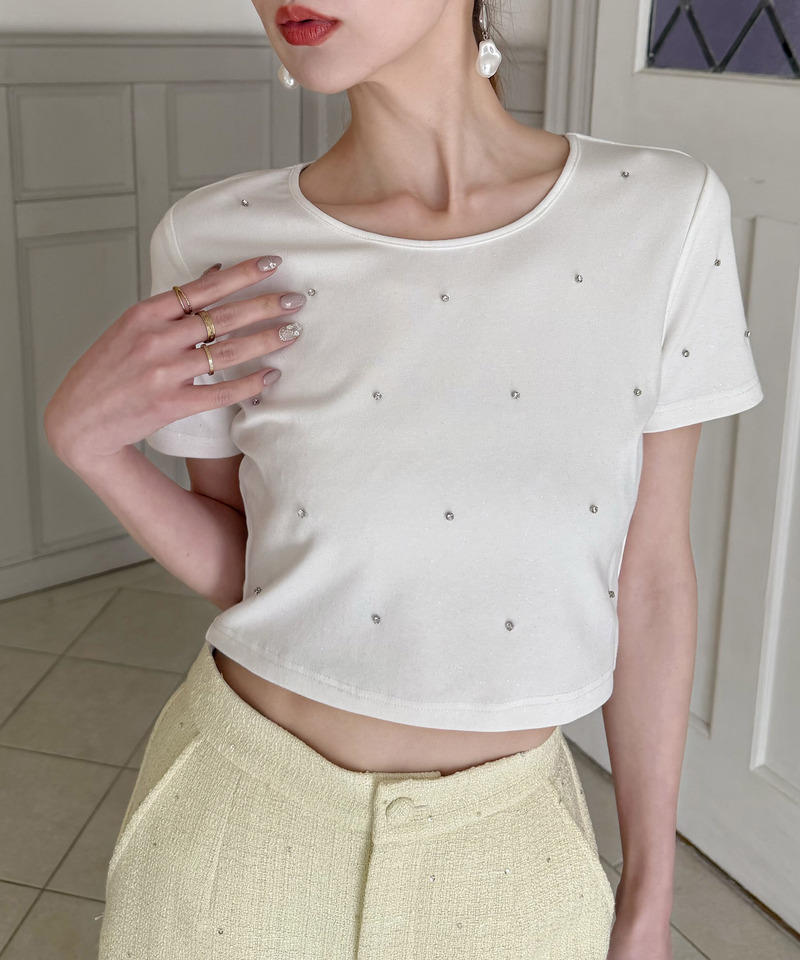 ラメビジューコンパクトTシャツ 詳細画像 オフホワイト 1