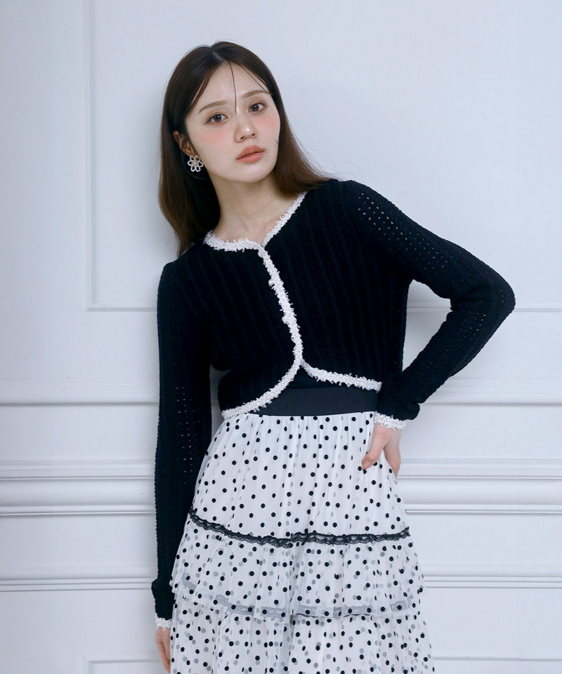 ブレードテープ透かし編みカーディガン 詳細画像 ブラック 1