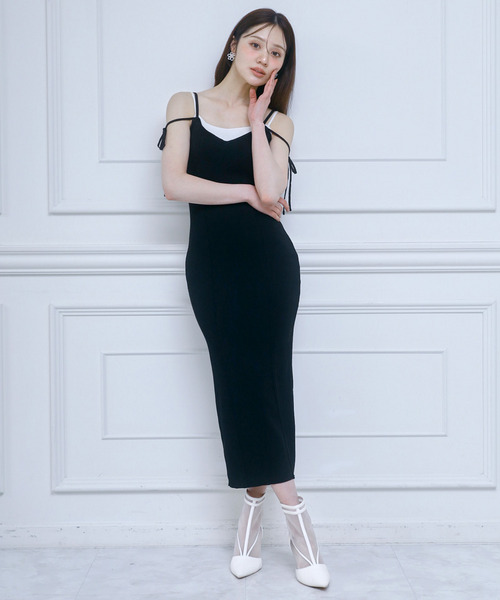 レイヤード風ニットタイトキャミワンピース 詳細画像