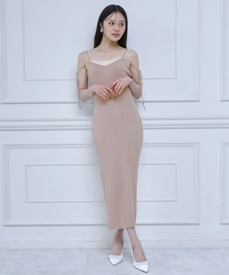 レイヤード風ニットタイトキャミワンピース 詳細画像 ベージュ 1