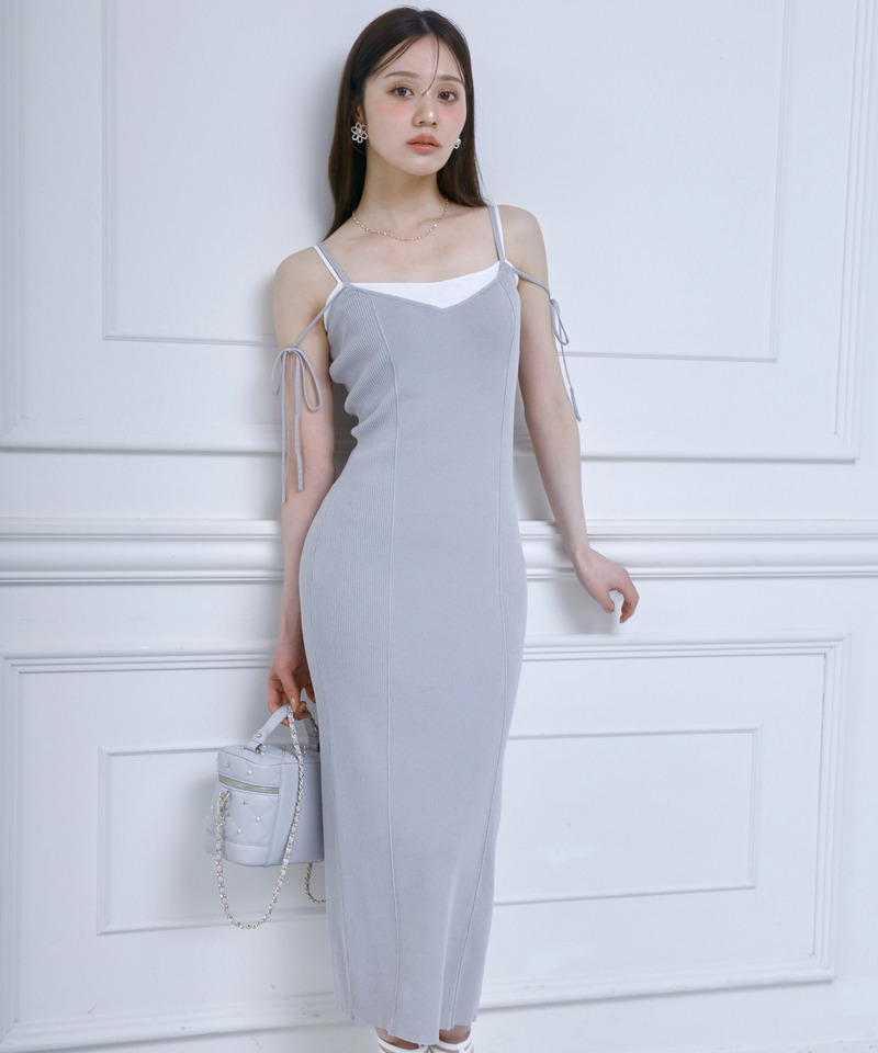 レイヤード風ニットタイトキャミワンピース 詳細画像 ライトグレー 2