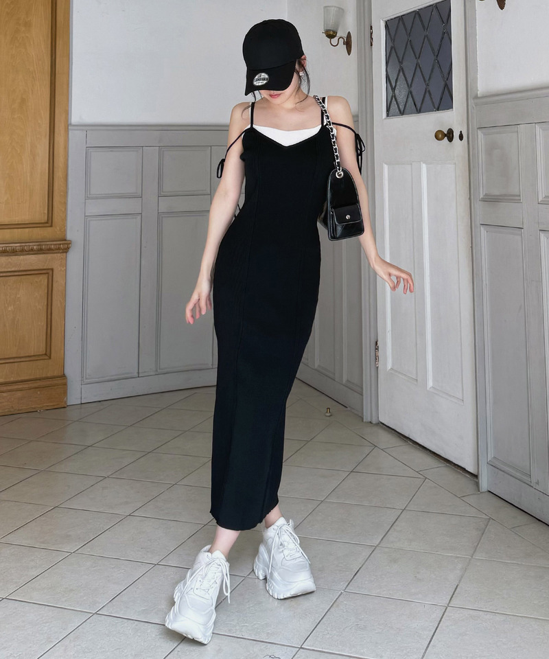 レイヤード風ニットタイトキャミワンピース 詳細画像 ブラック 2