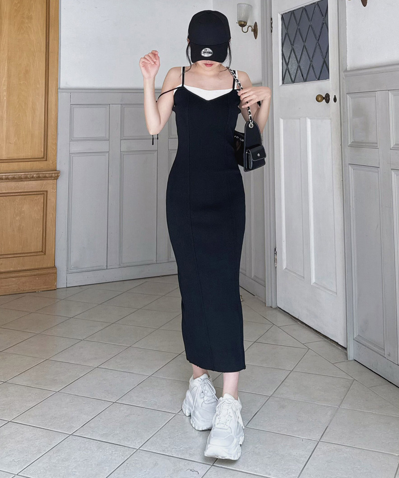 レイヤード風ニットタイトキャミワンピース 詳細画像 ブラック 3