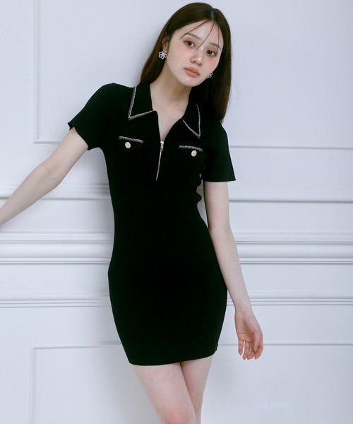 チェーントリミングハーフZIPニットタイトミニワンピース
