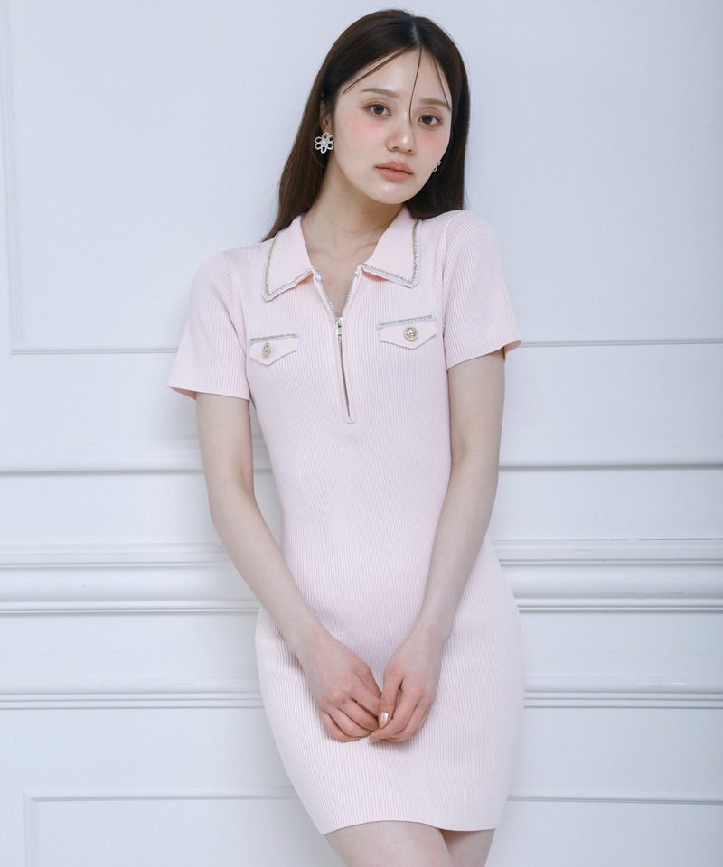 チェーントリミングハーフZIPニットタイトミニワンピース 詳細画像 ピンク 1