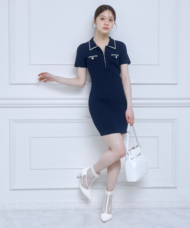 チェーントリミングハーフZIPニットタイトミニワンピース 詳細画像 ネイビー 2