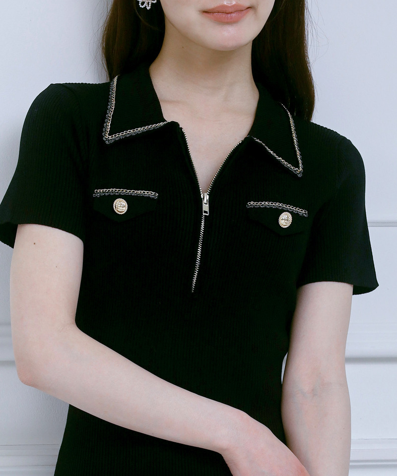 チェーントリミングハーフZIPニットタイトミニワンピース 詳細画像 ブラック 2