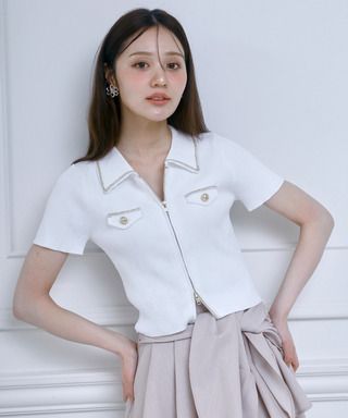 チェーントリミングダブルZIPニットトップス