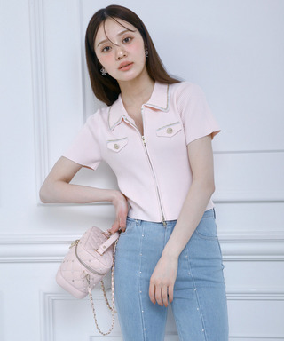 チェーントリミングダブルZIPニットトップス