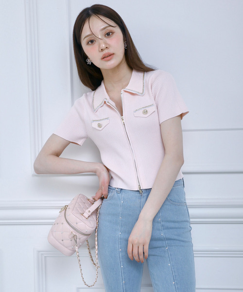 チェーントリミングダブルZIPニットトップス