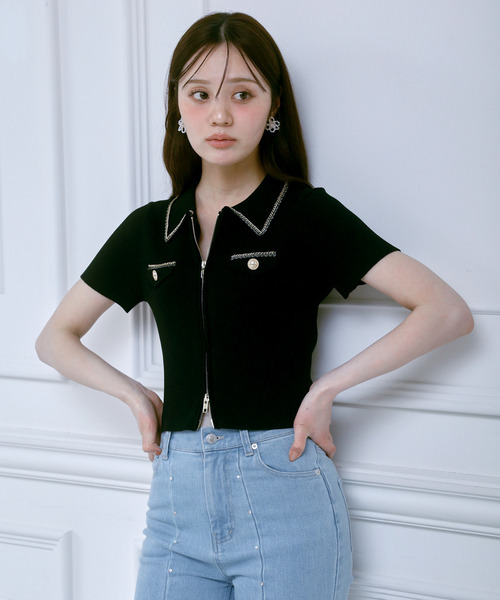 チェーントリミングダブルZIPニットトップス