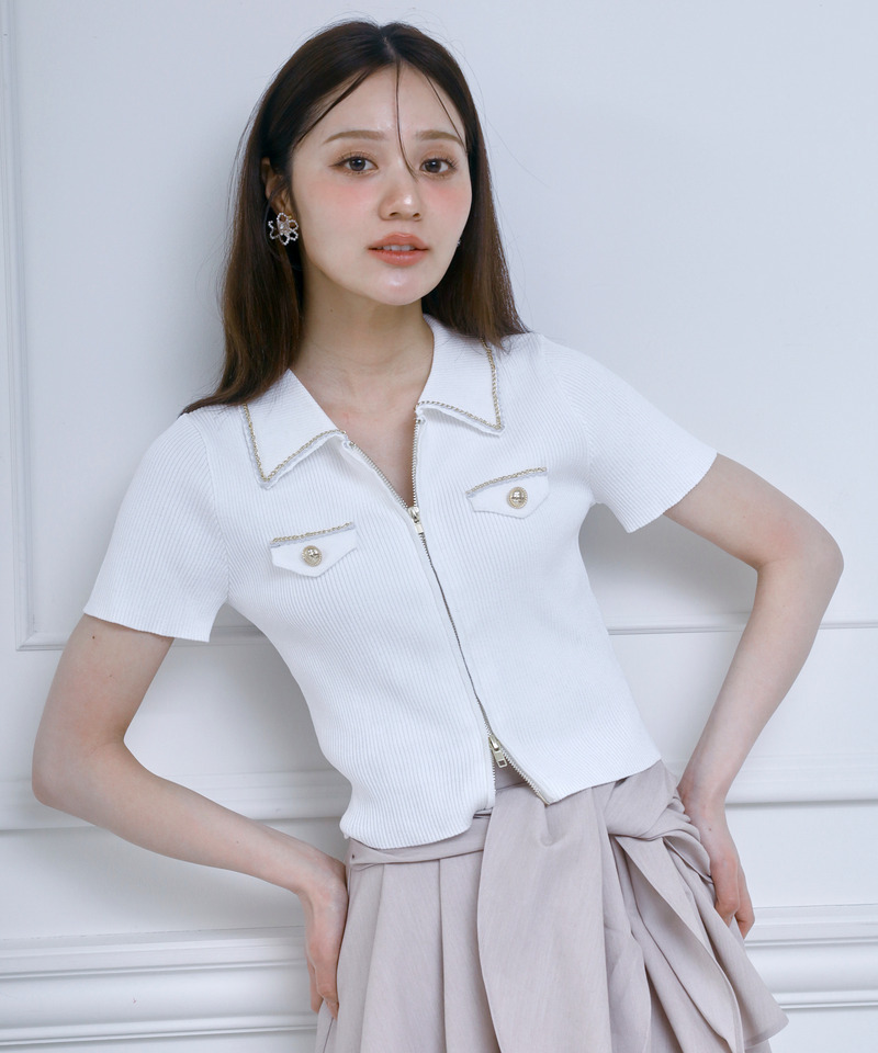 チェーントリミングダブルZIPニットトップス 詳細画像 オフホワイト 1