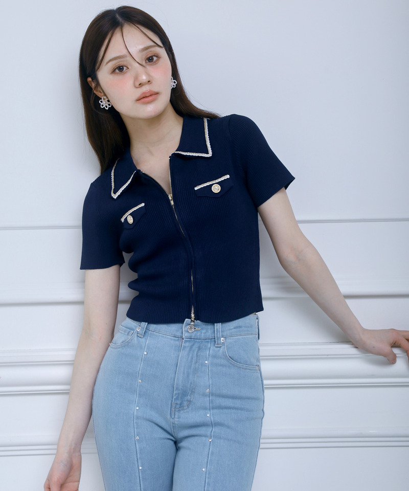 チェーントリミングダブルZIPニットトップス 詳細画像 ネイビー 1