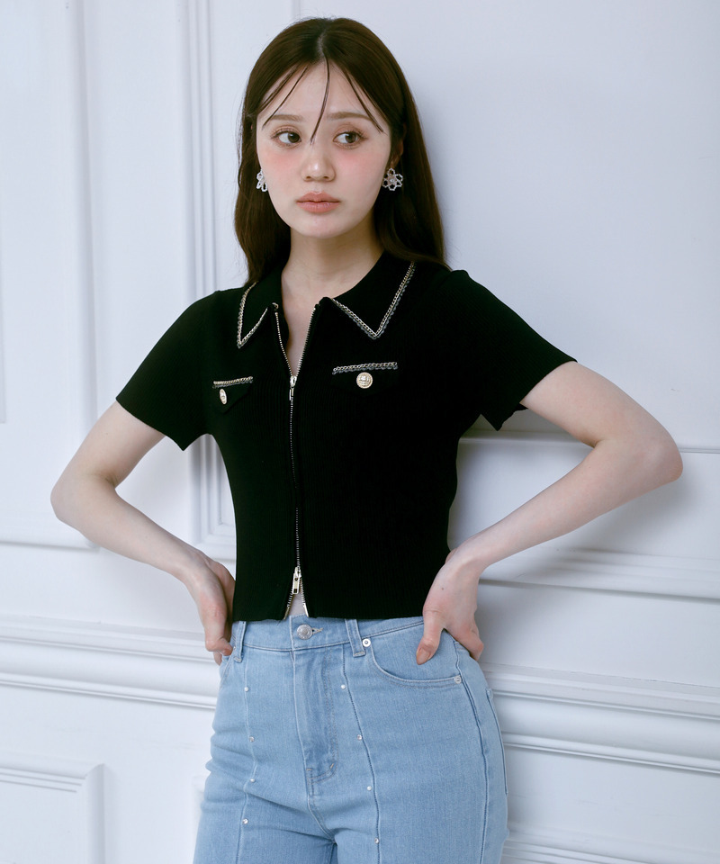 チェーントリミングダブルZIPニットトップス 詳細画像 ブラック 1