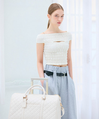 ビジューストラップオフショルシャーリングトップス