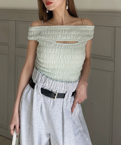 ビジューストラップオフショルシャーリングトップス