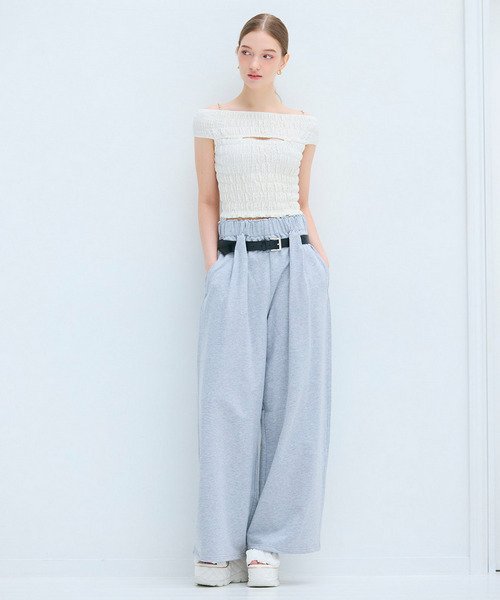 ベルト付裏毛ビジューワイドパンツ