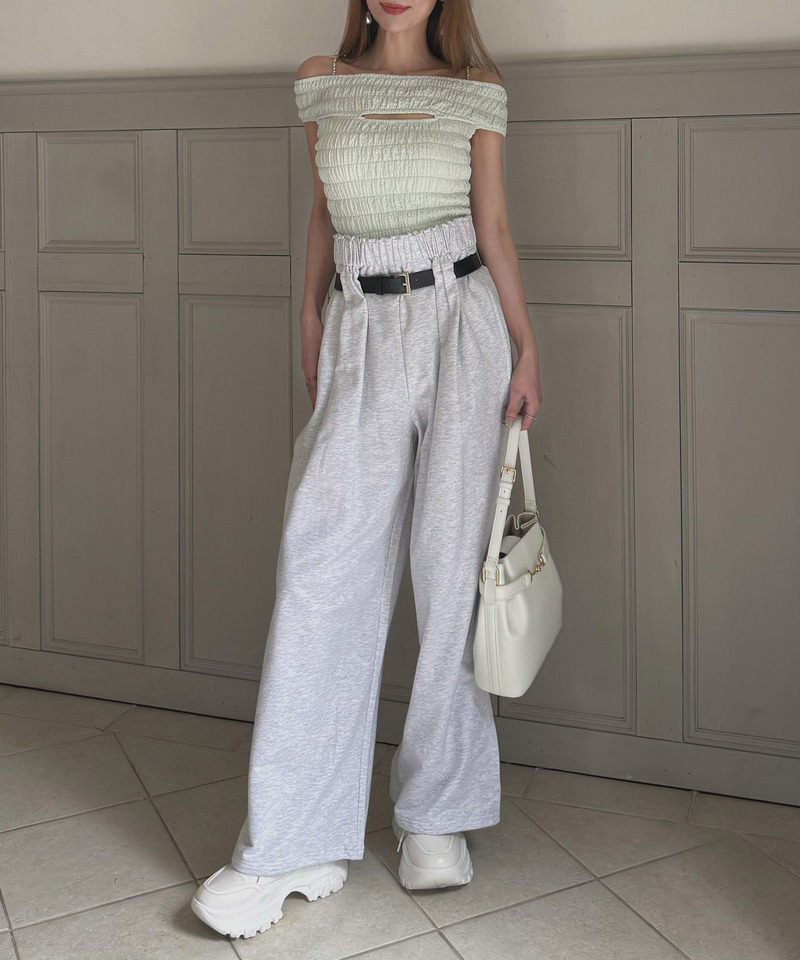 ベルト付裏毛ビジューワイドパンツ 詳細画像 ライトグレー 1