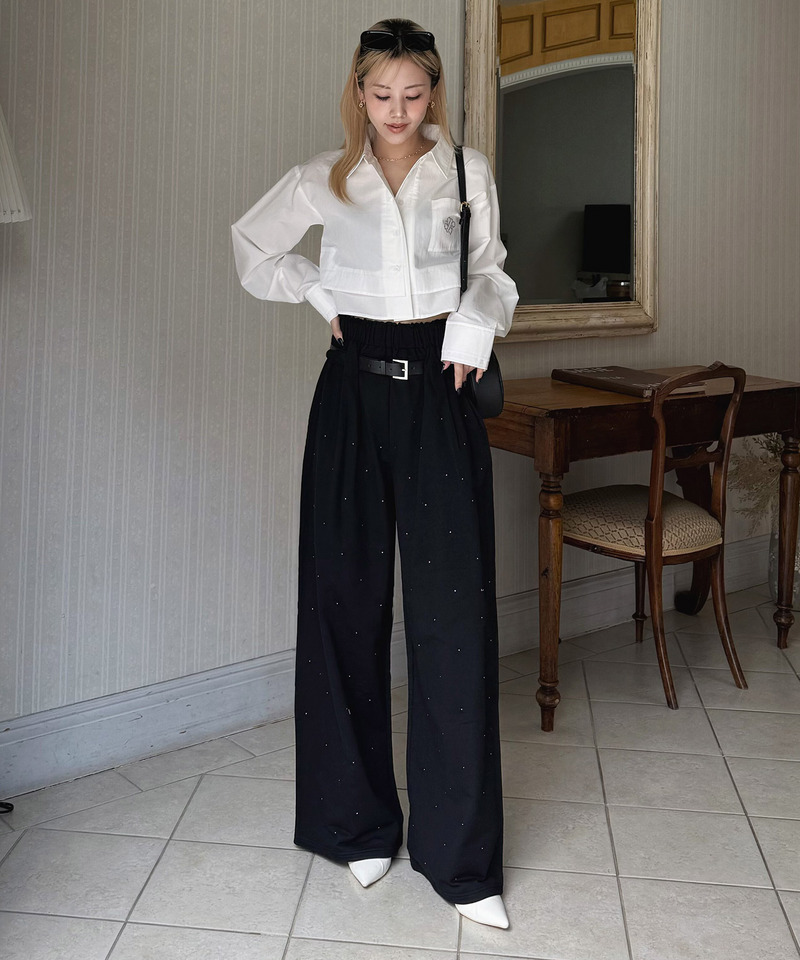 ベルト付裏毛ビジューワイドパンツ 詳細画像 ブラック 1