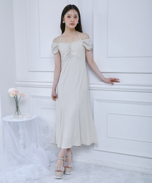 レイヤード風ギンガムチェックカットマーメイドワンピース 詳細画像