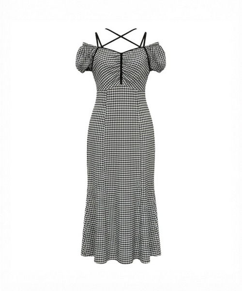 レイヤード風ギンガムチェックカットマーメイドワンピース 詳細画像