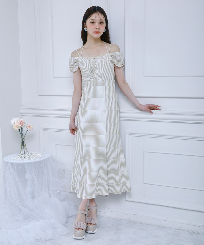 レイヤード風ギンガムチェックカットマーメイドワンピース 詳細画像 ベージュ 1