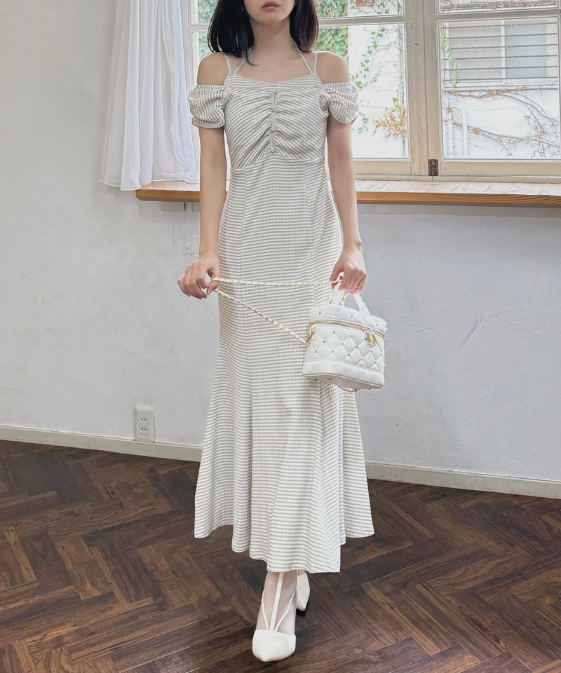 レイヤード風ギンガムチェックカットマーメイドワンピース 詳細画像 ベージュ 2