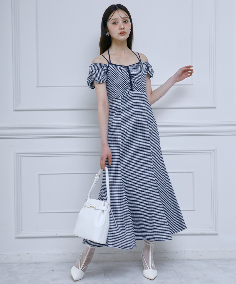 レイヤード風ギンガムチェックカットマーメイドワンピース 詳細画像 ネイビー 1
