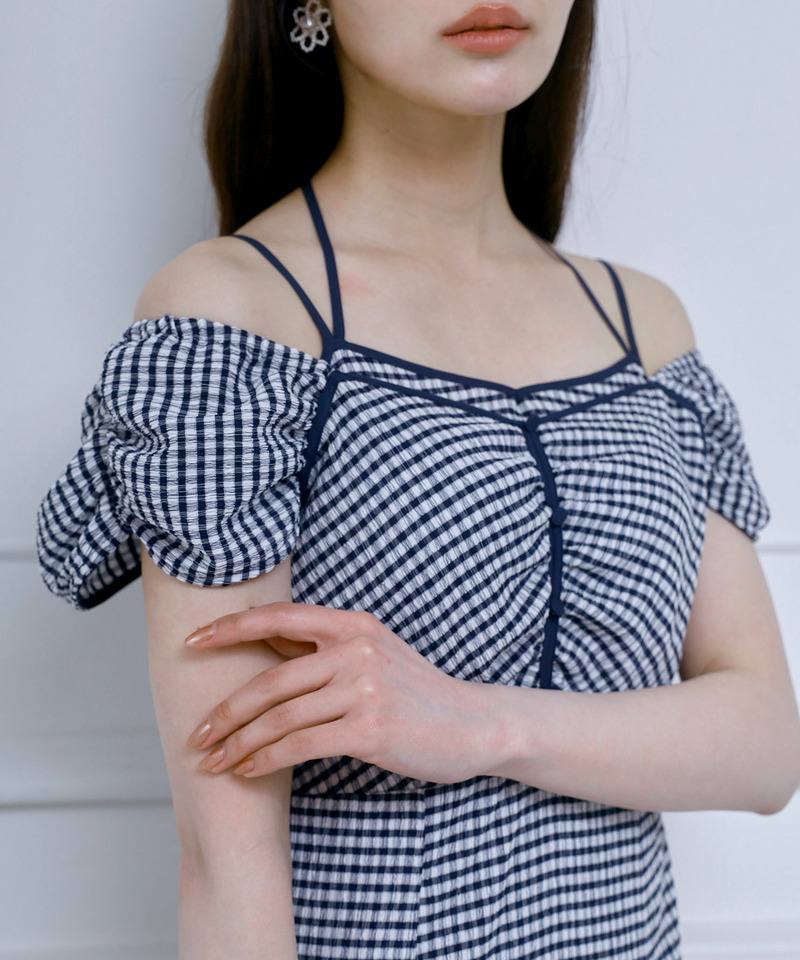 レイヤード風ギンガムチェックカットマーメイドワンピース 詳細画像 ネイビー 2