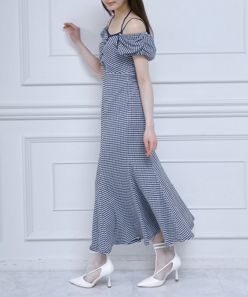 レイヤード風ギンガムチェックカットマーメイドワンピース 詳細画像 ネイビー 3