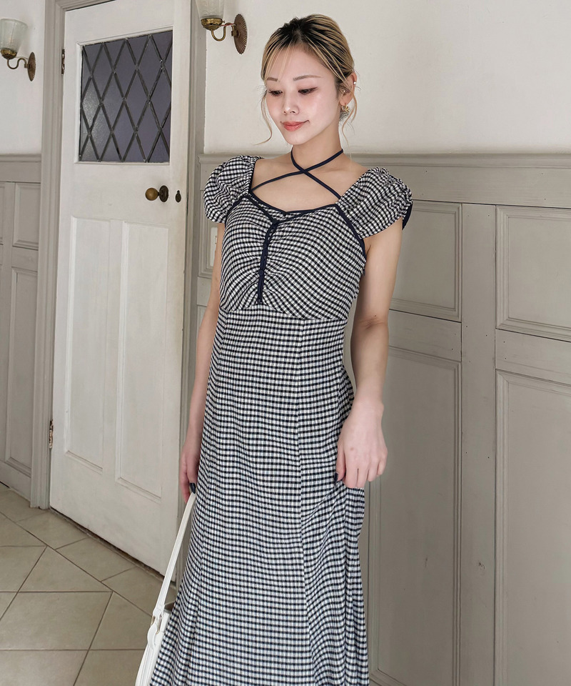 レイヤード風ギンガムチェックカットマーメイドワンピース 詳細画像 ネイビー 5