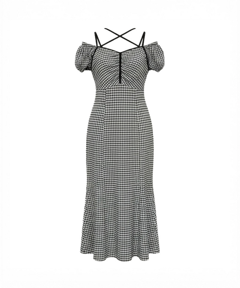 レイヤード風ギンガムチェックカットマーメイドワンピース 詳細画像 ブラック 1