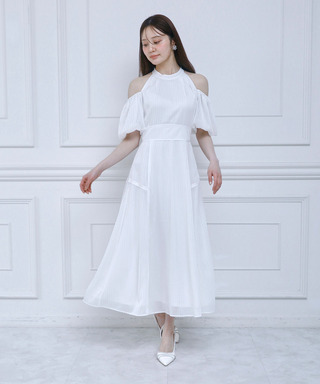 コールドショルダーラメストライプフレアワンピース