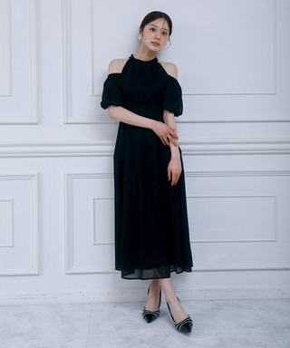 コールドショルダーラメストライプフレアワンピース