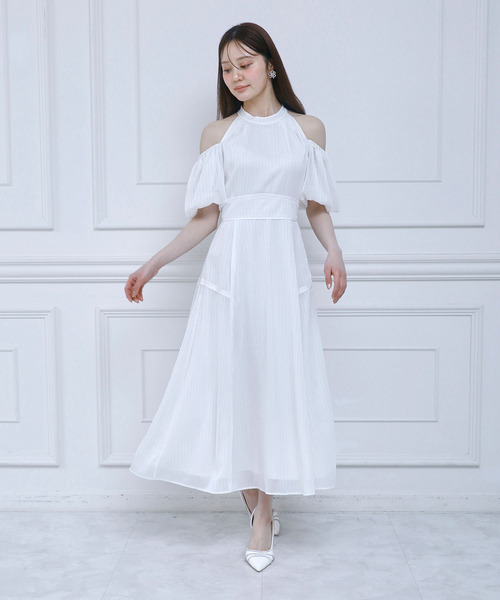 コールドショルダーラメストライプフレアワンピース 詳細画像