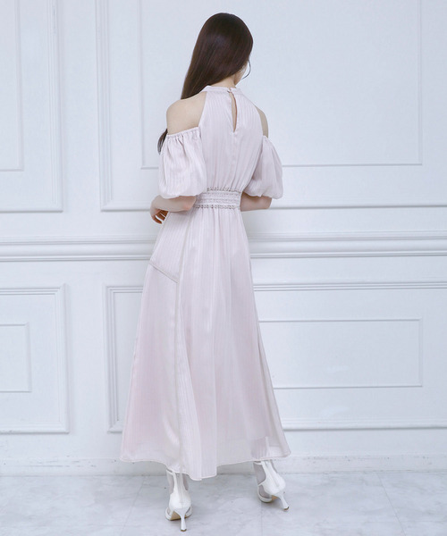 コールドショルダーラメストライプフレアワンピース 詳細画像