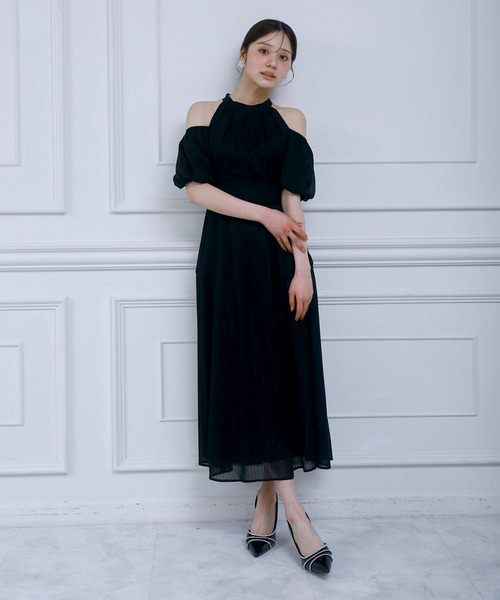 コールドショルダーラメストライプフレアワンピース 詳細画像