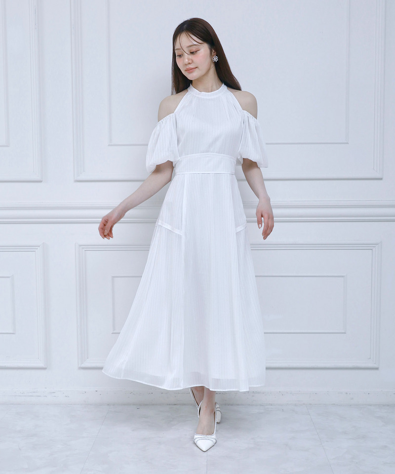 コールドショルダーラメストライプフレアワンピース 詳細画像 オフホワイト 1