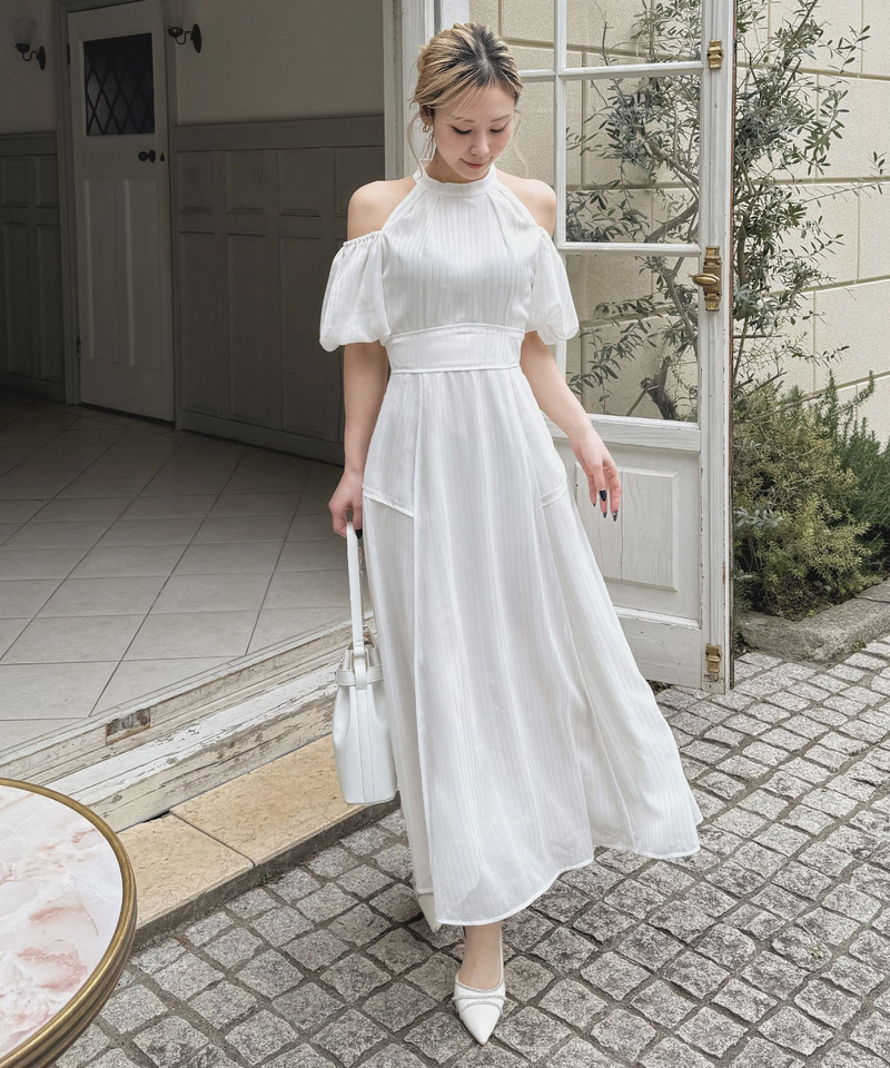 コールドショルダーラメストライプフレアワンピース 詳細画像 オフホワイト 3