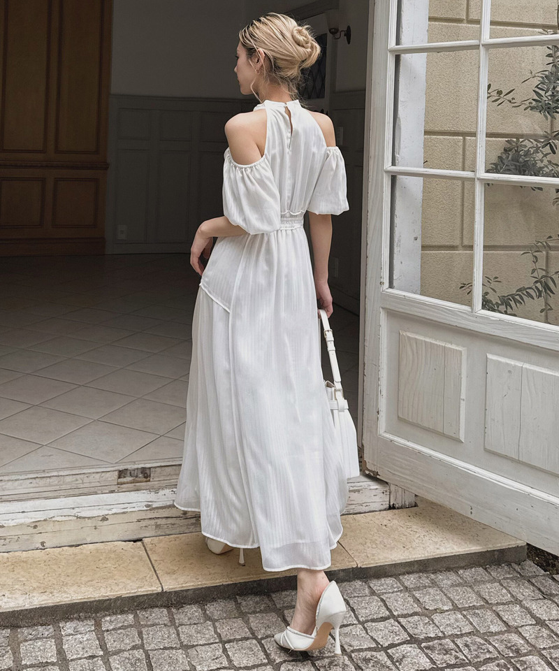 コールドショルダーラメストライプフレアワンピース 詳細画像 オフホワイト 4