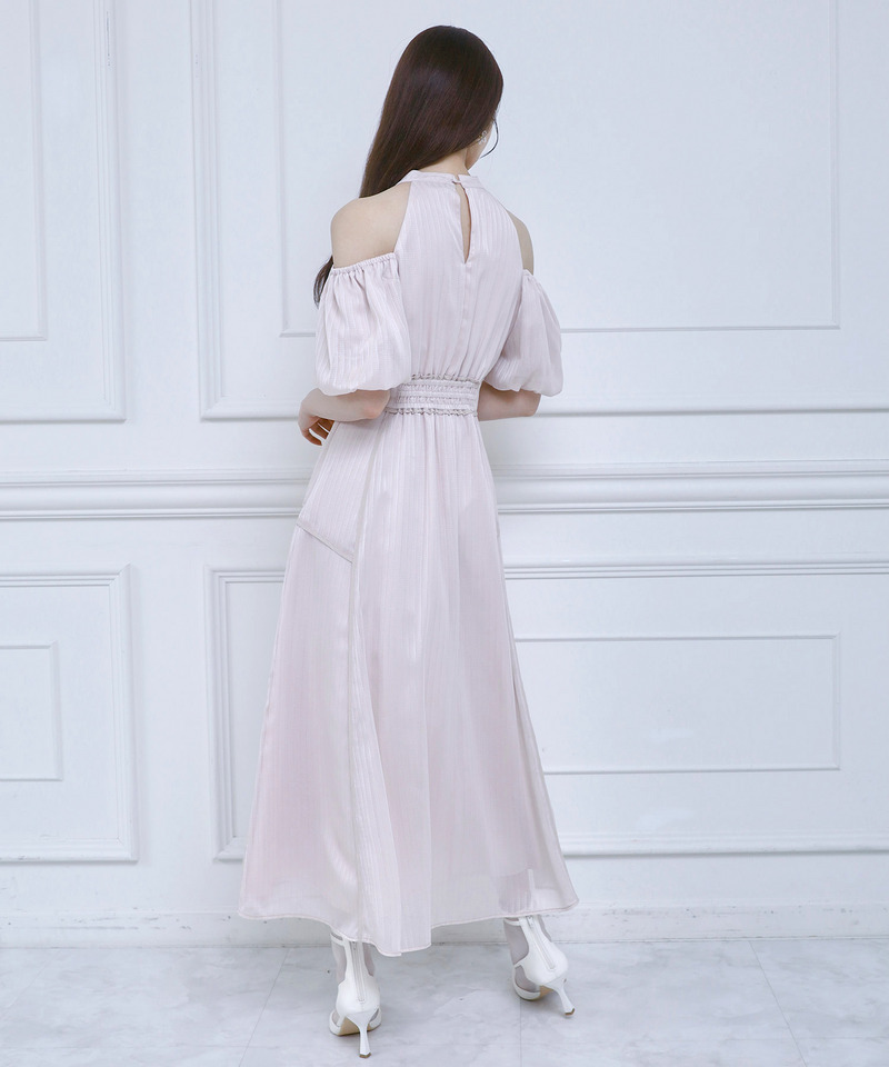 コールドショルダーラメストライプフレアワンピース 詳細画像 ピンク 1