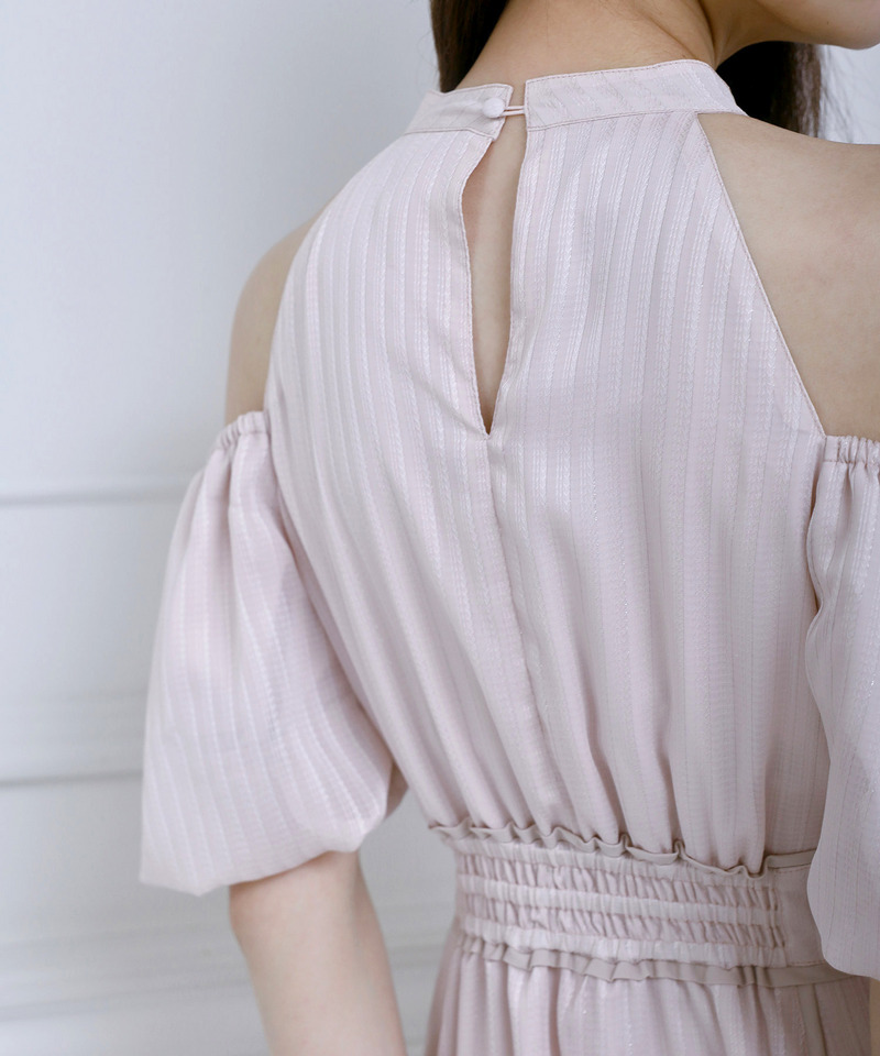 コールドショルダーラメストライプフレアワンピース 詳細画像 ピンク 3