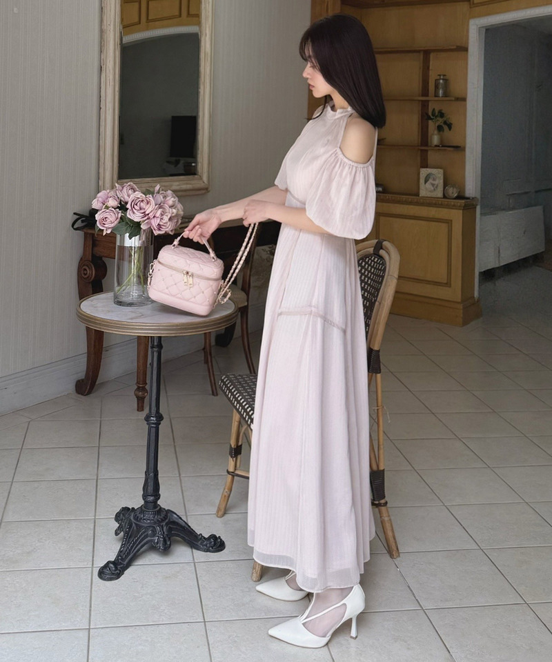 コールドショルダーラメストライプフレアワンピース 詳細画像 ピンク 4