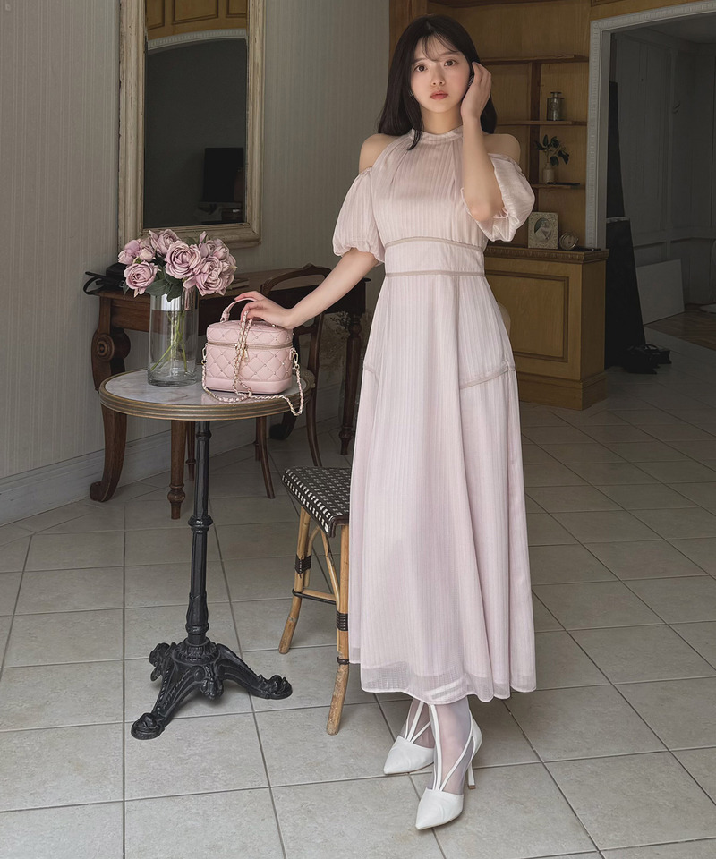 コールドショルダーラメストライプフレアワンピース 詳細画像 ピンク 5